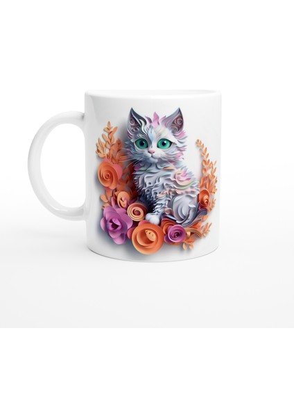 Pastel Çiçekli Tatlı Kedi Kupa Bardak