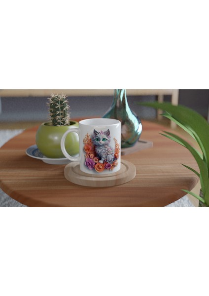 Pastel Çiçekli Tatlı Kedi Kupa Bardak