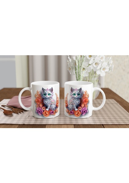 Pastel Çiçekli Tatlı Kedi Kupa Bardak