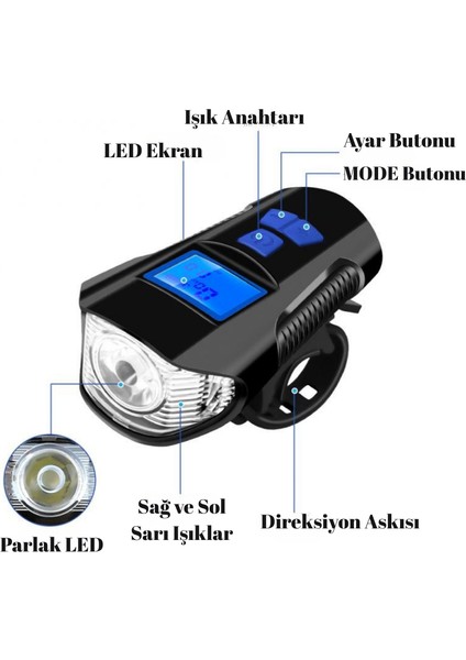 Multizone Bisiklet LCD Hız Göstergesi Su Geçirmez Şarjlı LED Işık 4 Mod Işık 6 Mod Korna