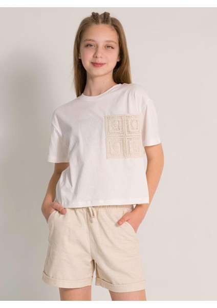Kız Çocuk Işlemeli Pamuklu Kısa Kol T-Shirt