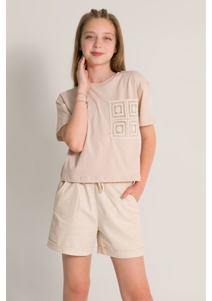 Kız Çocuk Işlemeli Pamuklu Kısa Kol T-Shirt