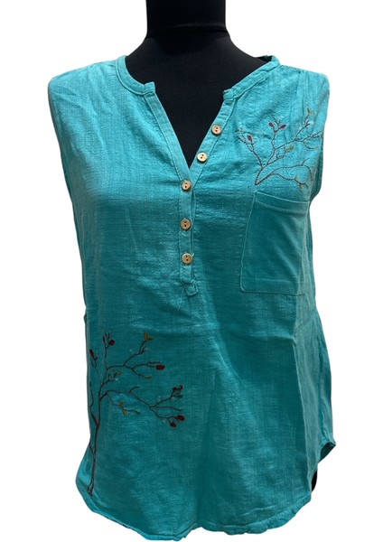 Işlemeli Pamuk Keten Gömlek