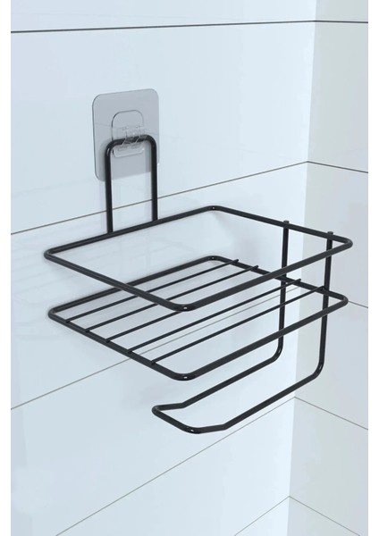 ® Kendiliğinden Yapışkanlı Tuvalet Kağıdı Tutacağı ve Yedek Raf - Siyah Modern Metal Tasarım
