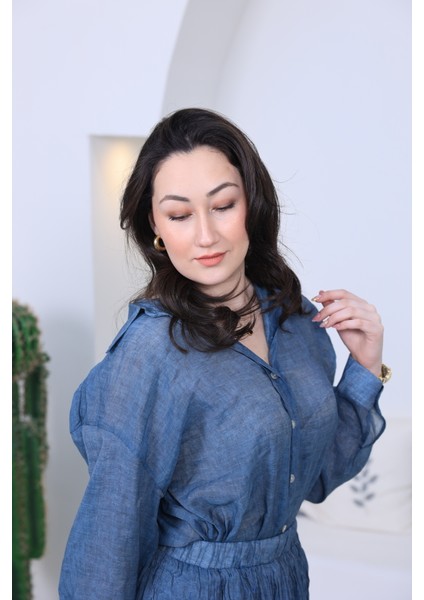 Indigo Renk Oversize Kalıp Transparan Dokulu Gömlek