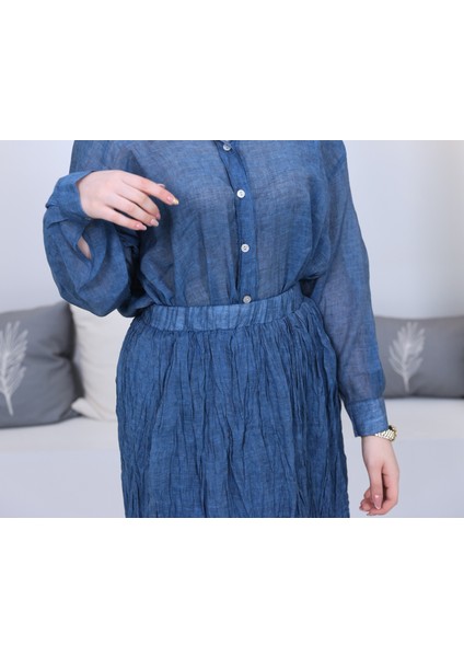 Indigo Renk Oversize Kalıp Transparan Dokulu Gömlek