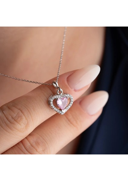 925 Ayar Gümüş Pembe Zirkon Taşlı Kalp Hediye Kolye