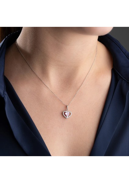 925 Ayar Gümüş Pembe Zirkon Taşlı Kalp Hediye Kolye fiyatları