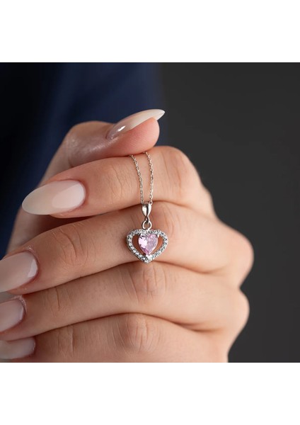 925 Ayar Gümüş Pembe Zirkon Taşlı Kalp Hediye Kolye modelleri