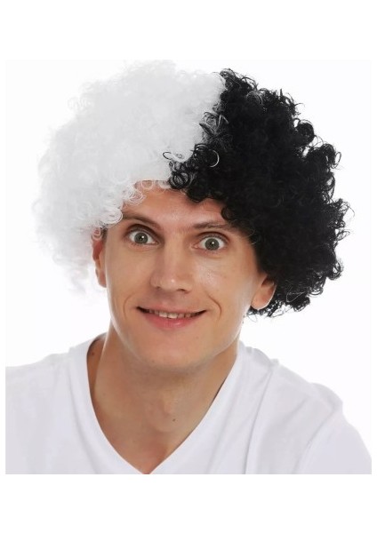 Siyah Beyaz Kıvırcık Afro Bonus Taraftar Peruğu