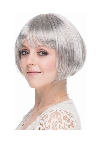 Gri Gümüş Renk Düz Kesim Astarlı Küt Parti Peruğu