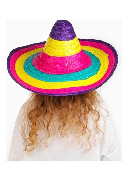 Sombrero Meksika Şapkası Renkli Örme Hasır Çocuk Boy