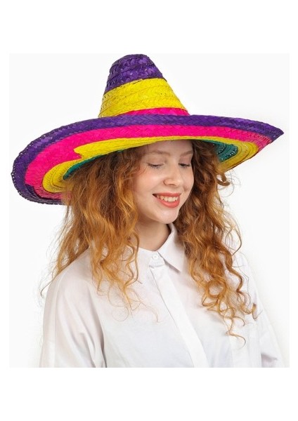 Sombrero Meksika Şapkası Renkli Örme Hasır Çocuk Boy