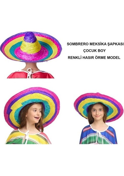 Sombrero Meksika Şapkası Renkli Örme Hasır Çocuk Boy