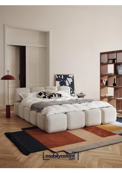 Most Oktagon Bazalı Karyola 01 Beyaz Bukle Kumaş Işbir Kuştüyü Sünger 160 x 200 Yatak Için(Kurulum Dahil)