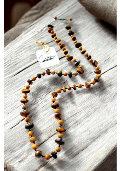 Hakiki Kaplan Gözü & Wood Jasper Doğaltaş Uzun Unisex Kolye (70-80 Cm)