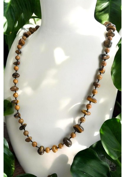 Hakiki Kaplan Gözü & Wood Jasper Doğaltaş Uzun Unisex Kolye (70-80 Cm)