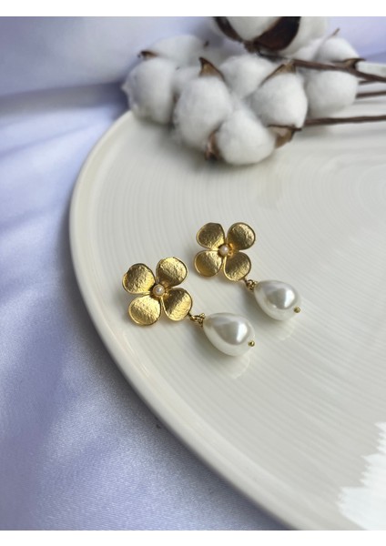 Çiçek Inci Taşlı Gold Küpe