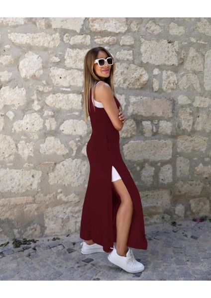 Kadın Yırtmaç Detaylı Viskon Kumaş Maxi Boy Cepli Iç Dahil Ikili Elbise