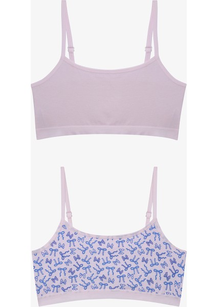 Kız Çocuk Ribbon Fiyonk Baskılı Pamuklu Halter Yaka 2'li Crop Büstiyer