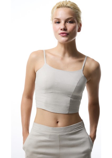 Taş Rengi Luna Keten Crop Top Üst