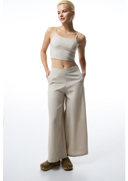 Taş Rengi Luna Keten Crop Top Üst modelleri