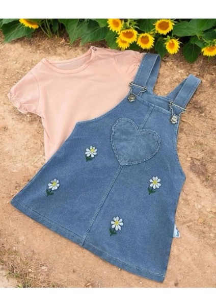 Papatya Nakışlı Kalp Desenli Kot Görünümlü Pamuklu 2li Salopet