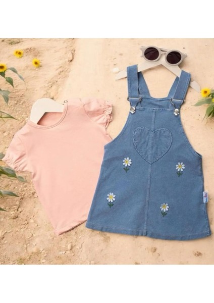 Papatya Nakışlı Kalp Desenli Kot Görünümlü Pamuklu 2li Salopet fiyatları