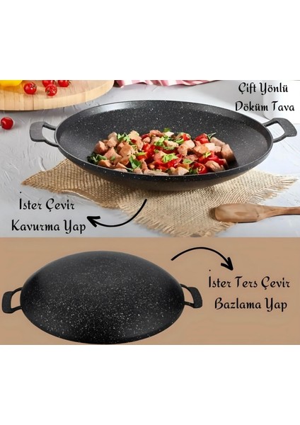 Döküm Bio Granit Cam Kapaklı Saç Kavurma Tavası 34 cm Siyah