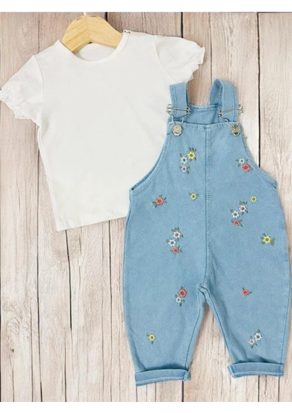 Renkli Çiçek Nakışlı Kot Görünümlü Örme Kumaş Yazlık T-Shirt 2li Salopet