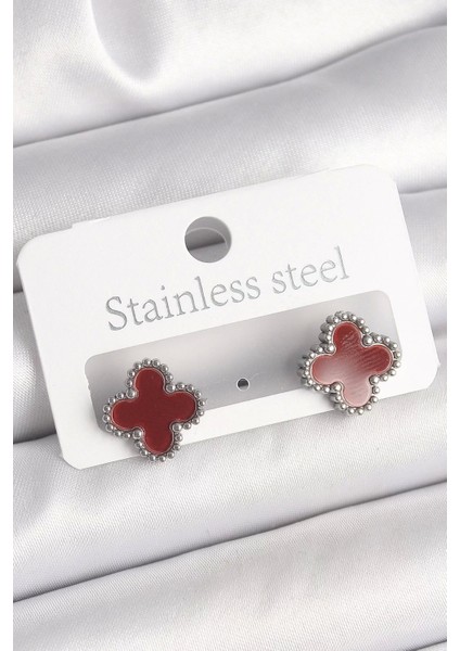 Pirinç Gümüş Renk Bordo Yonca Model Kadın Küpe