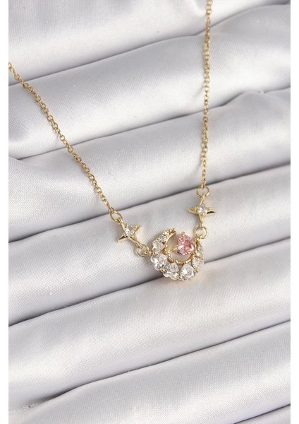 316L Çelik Gold Renk Zirkon Taşlı Hilal Pembe Kalp Model Kadın Kolye