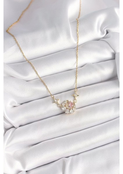 316L Çelik Gold Renk Zirkon Taşlı Hilal Pembe Kalp Model Kadın Kolye fiyatları