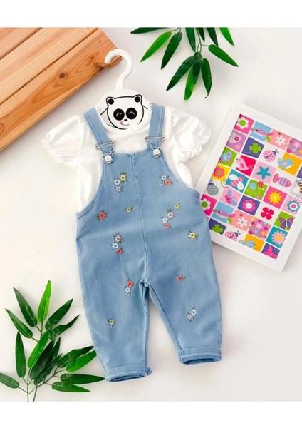 Renkli Çiçek Nakışlı Kot Görünümlü Örme Kumaş Yazlık T-Shirt 2li Salopet
