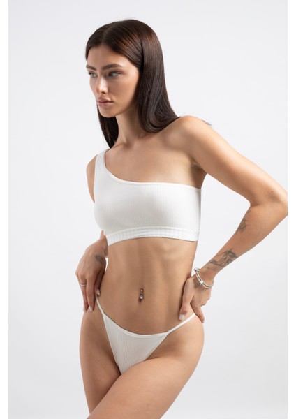 Kadın Beyaz Pamuklu Tek Omuz Crop Top Büstiyer