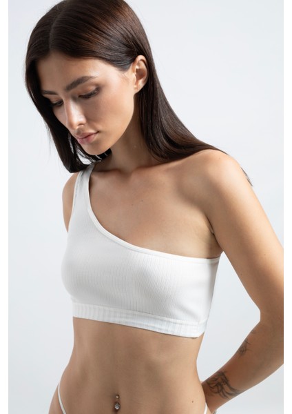 Kadın Beyaz Pamuklu Tek Omuz Crop Top Büstiyer modelleri