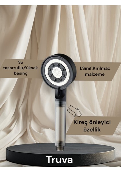 (Kireç Önleyici) 5 Fonksiyonlu Su Tasarruflu Filtreli Turbo Jet Duş Başlığı Siyah