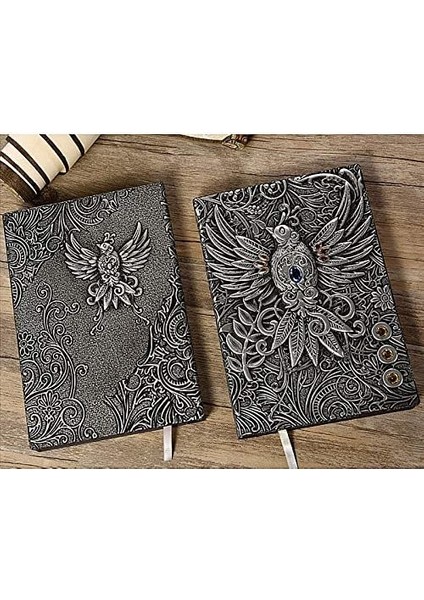 3D Kabartmalı A5 200 Sayfa Deri Defter Gümüş
