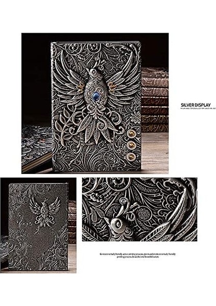 3D Kabartmalı A5 200 Sayfa Deri Defter Gümüş