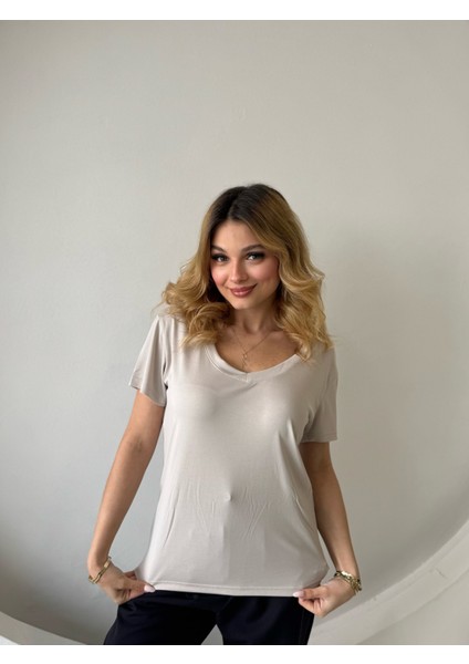 Modal Ekru Açık Yaka Tshirt fiyatları