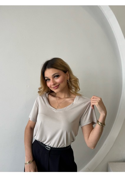 Modal Ekru Açık Yaka Tshirt modelleri