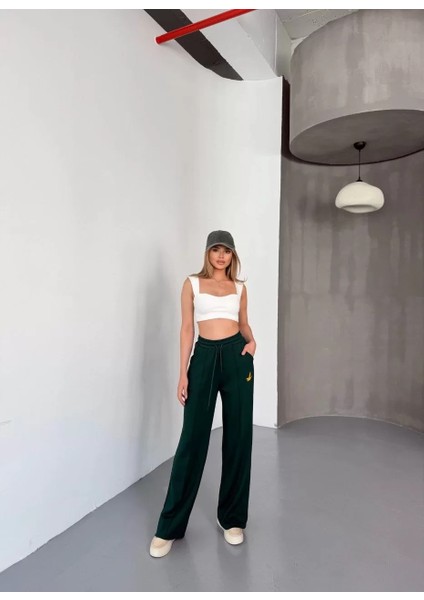 Osy Modal Yumuşak Dokulu Kumaş Nakış Işlemeli Rahat Bol Paça Eşofman Pantalon - Haki