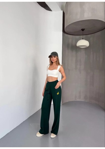 Osy Modal Yumuşak Dokulu Kumaş Nakış Işlemeli Rahat Bol Paça Eşofman Pantalon - Haki