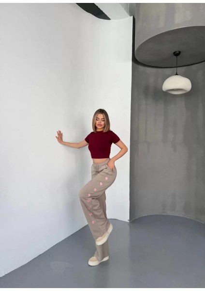 Osy Modal Yumuşak Dokulu Kumaş Nakış Işlemeli Rahat Bol Paça Eşofman Pantalon - Bej