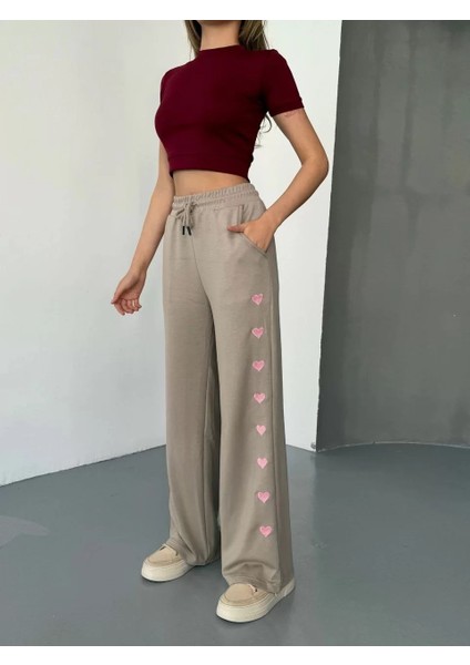 Osy Modal Yumuşak Dokulu Kumaş Nakış Işlemeli Rahat Bol Paça Eşofman Pantalon - Bej