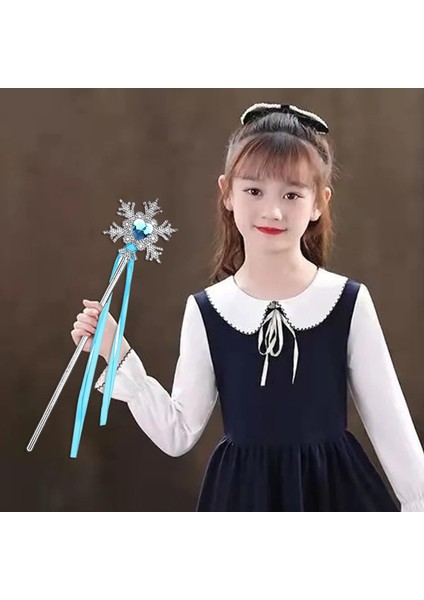 Kar Taneli Mavi Kalp Taşlı Saten Kurdeleli Karlar Ülkesi Elsa Asası Sopası 34 cm (4390)