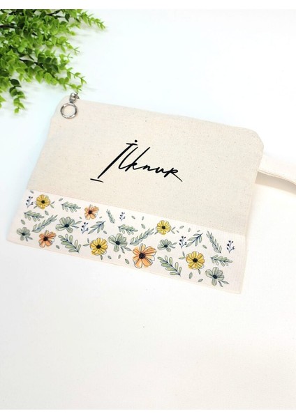 Miniso Happy Mountains Isme Özel Kişiye Özel Mavi Yaprak ve Renkli Çiçek Desenli Baskılı Clutch Kadın Bez Çanta Bez Makyaj Çantası