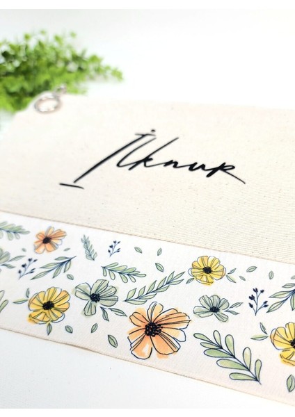 Miniso Happy Mountains Isme Özel Kişiye Özel Mavi Yaprak ve Renkli Çiçek Desenli Baskılı Clutch Kadın Bez Çanta Bez Makyaj Çantası