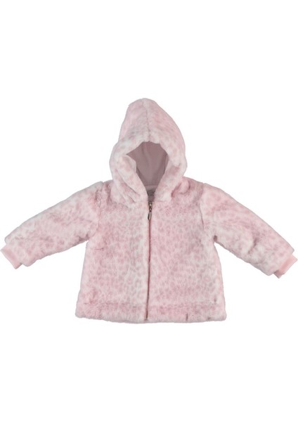 Kız Bebek Kapüşonlu Fermuarlı Pembe Beyaz Leopar Desenli Peluş Mont - Hırka