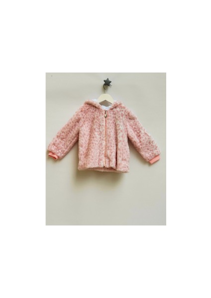 Kız Bebek Kapüşonlu Fermuarlı Pembe Beyaz Leopar Desenli Peluş Mont - Hırka modelleri